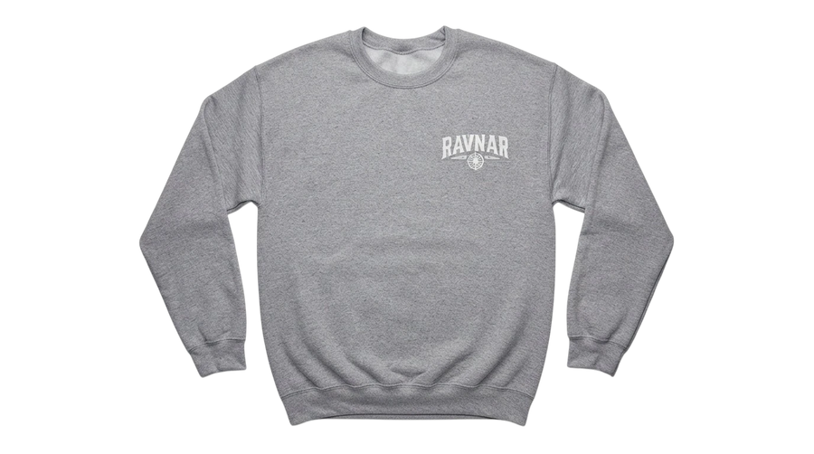 Ravnar grey heavyweight cotton sweatshirt with a white logo on the chest, featuring a structured fit.