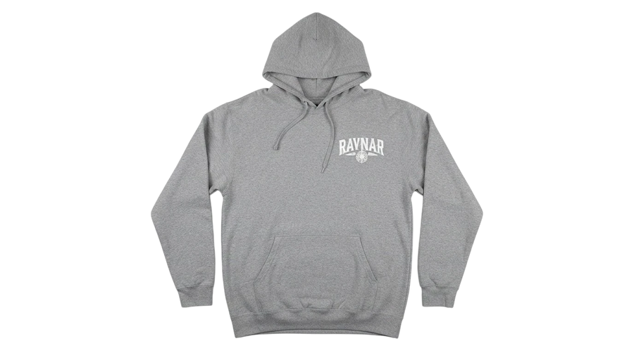 Ravnar Signature grey heavyweight cotton hoodie with white chest logo and front kangaroo pocket