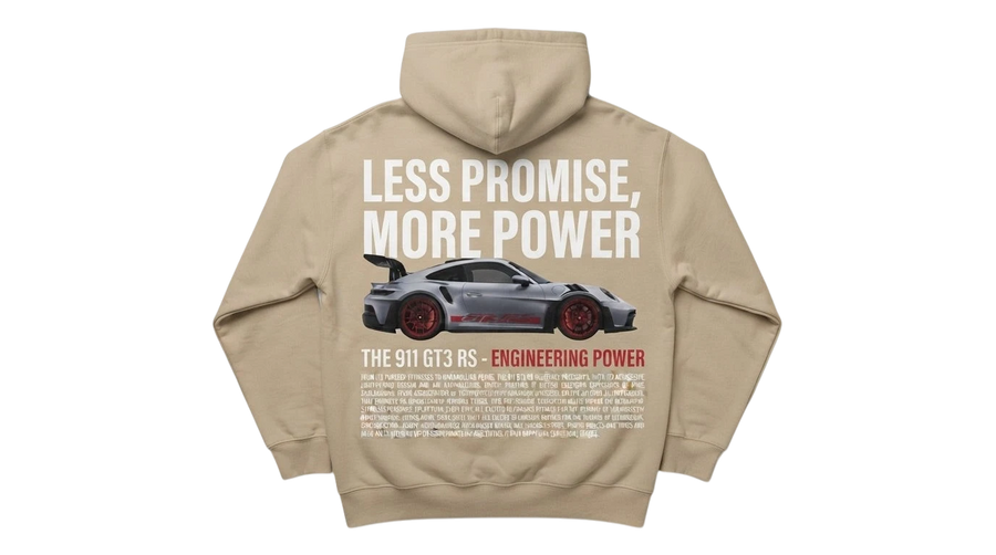 Ravnar GTRS heavyweight beige hoodie featuring a Porsche 911 GT3 RS graphic print on the back