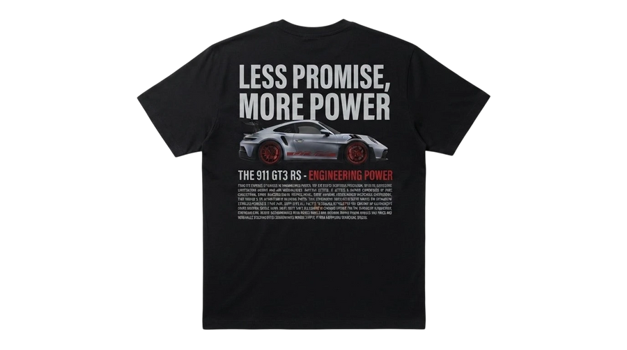 Ravnar GTRS heavyweight black t-shirt featuring a Porsche 911 GT3 RS graphic and text on the back