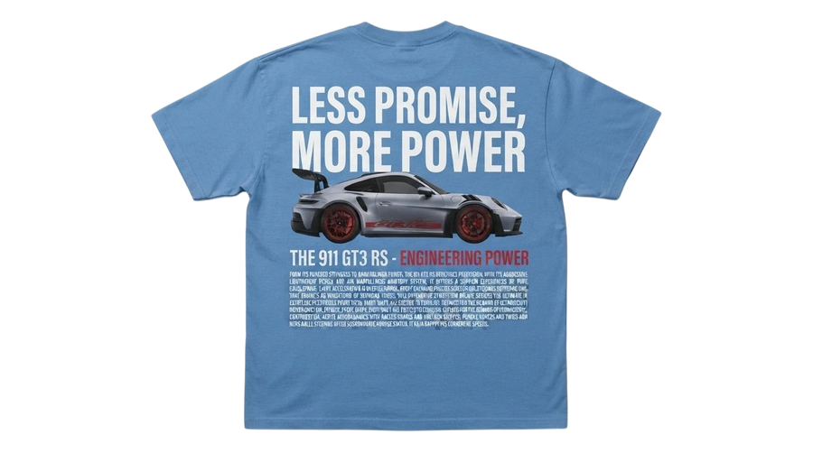 Ravnar GTRS blue heavyweight cotton t-shirt featuring a Porsche 911 GT3 RS graphic print on the back