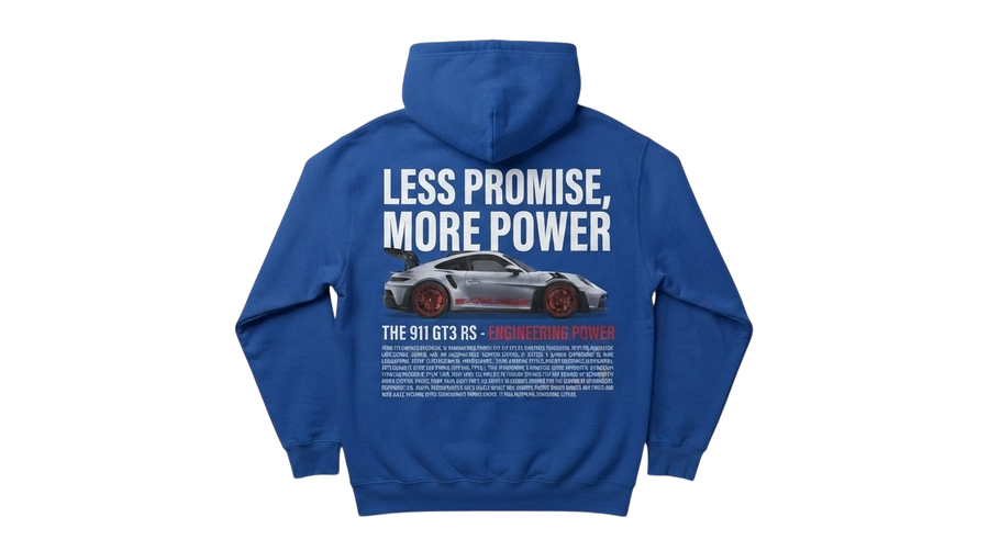 Ravnar GTRS blue heavyweight hoodie featuring a white Porsche 911 GT3 RS graphic and text on the back