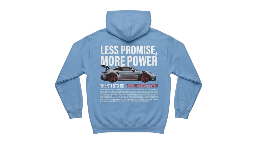 Ravnar GTRS light blue heavyweight hoodie featuring a 911 GT3 RS graphic print on the back