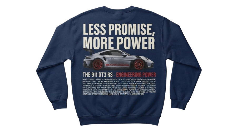 Ravnar GTRS navy blue heavyweight sweatshirt featuring a 911 GT3 RS graphic and Less Promise More Power text on back