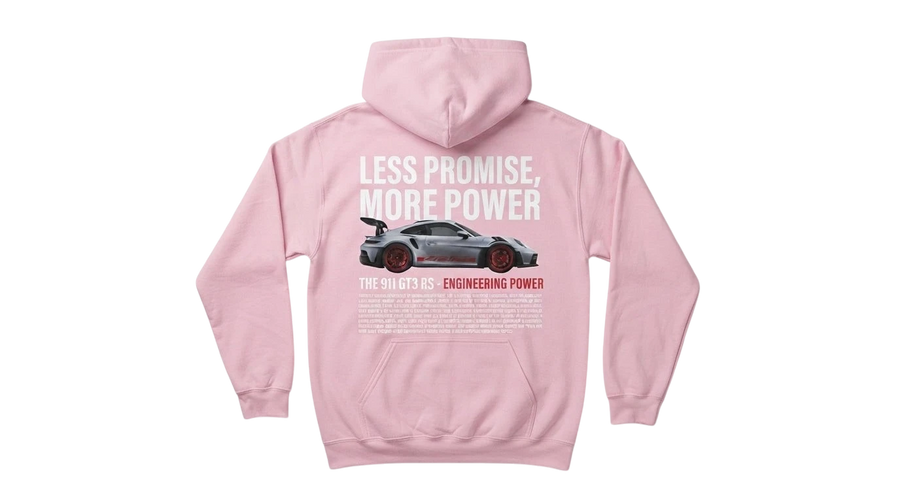 Ravnar GTRS pink heavyweight hoodie featuring a 911 GT3 RS car graphic and text on the back