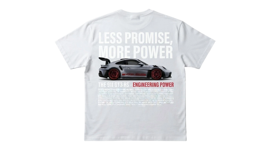 Ravnar GTRS white heavyweight t-shirt with a Porsche 911 GT3 RS graphic print on the back