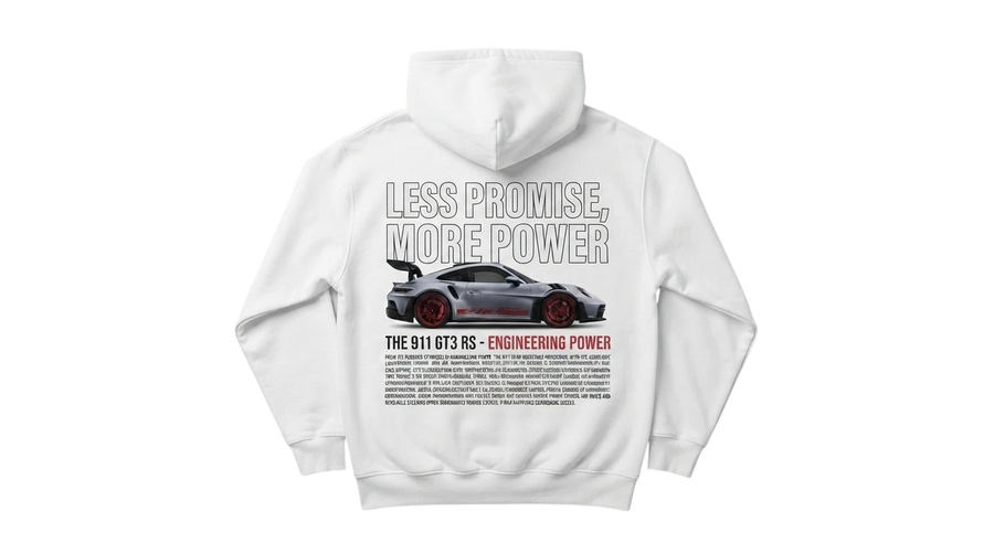 Ravnar GTRS white heavyweight hoodie featuring a 911 GT3 RS car graphic on the back with bold text