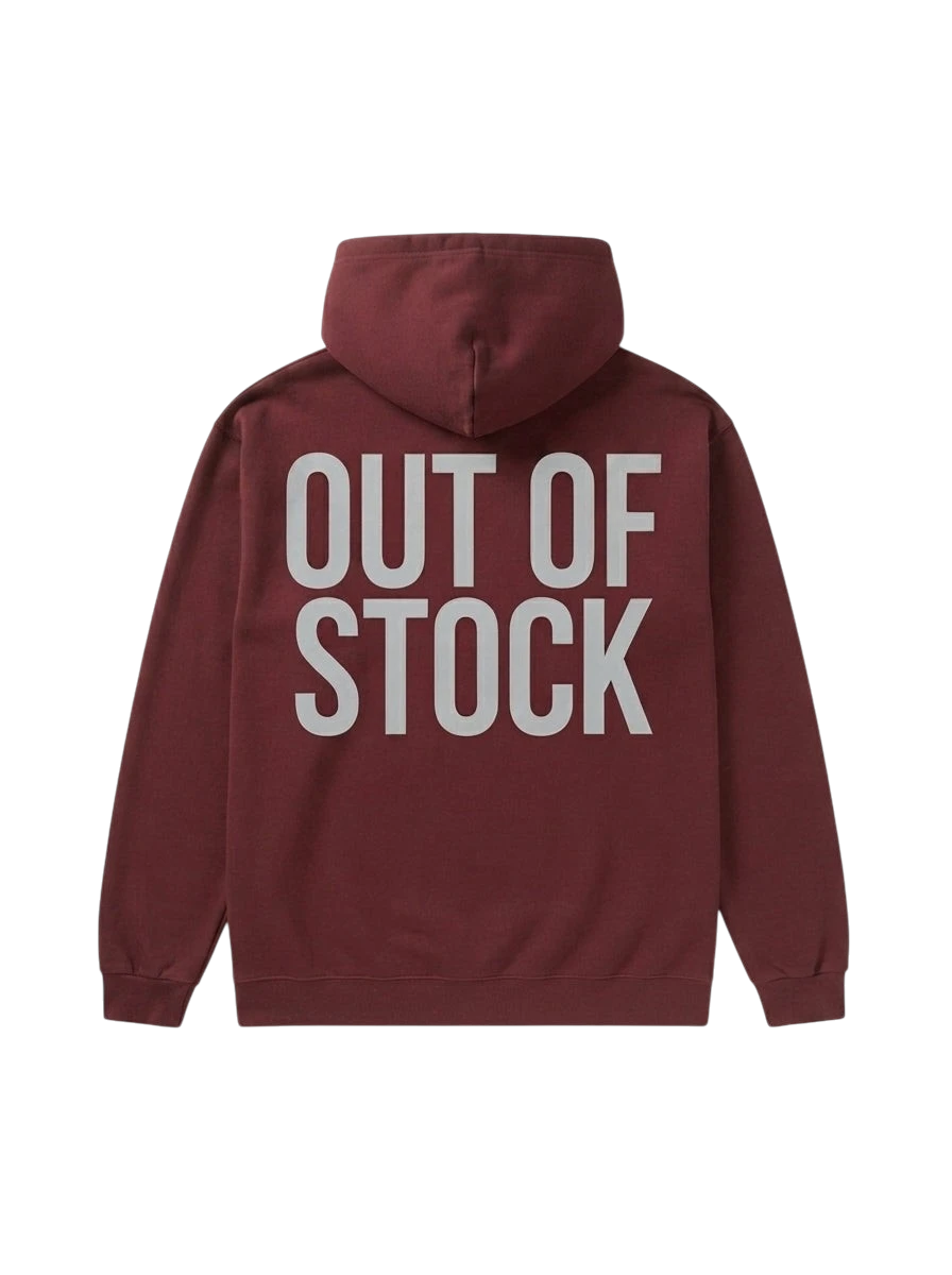 Ravnar heavyweight maroon hoodie with Out of Stock text printed on the back in a structured luxury streetwear fit.