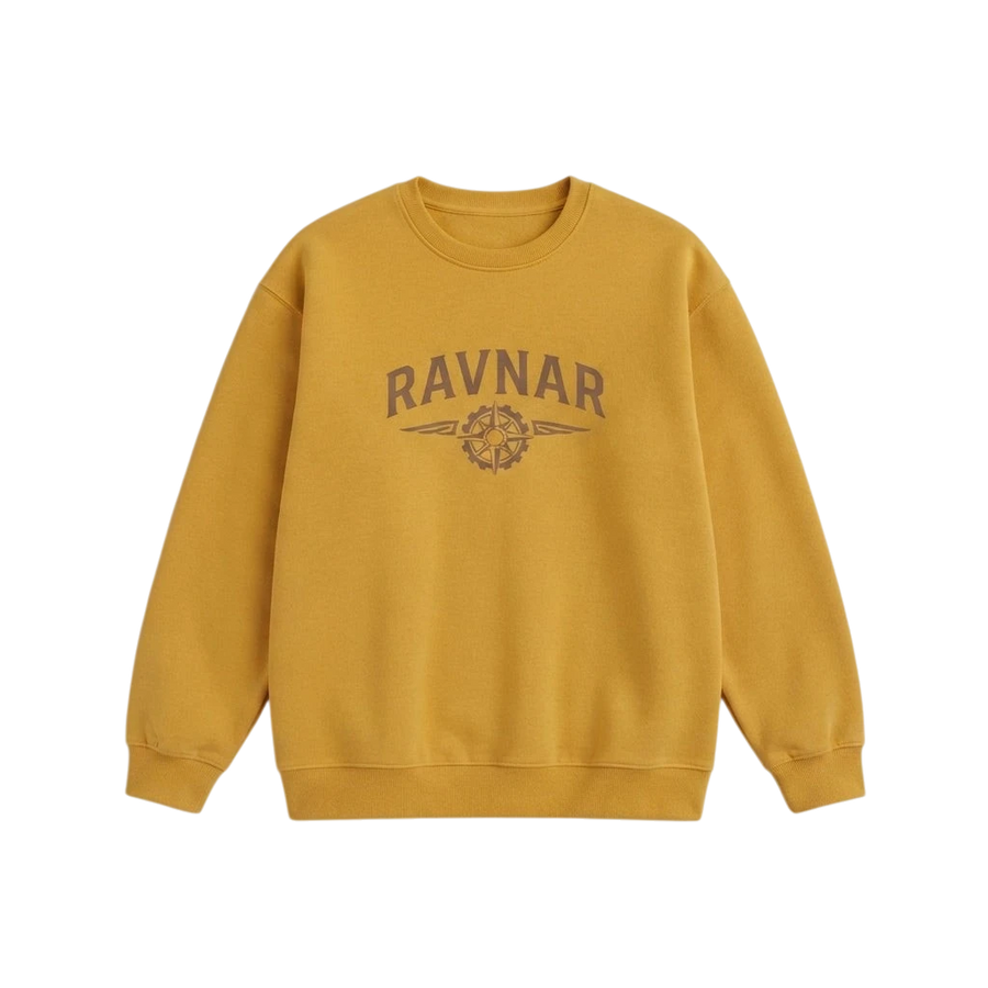 Ravnar NorthStar mustard yellow heavyweight cotton sweatshirt with brown logo graphic on the chest