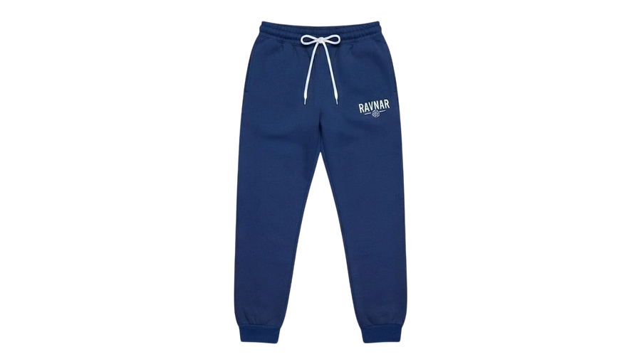 Ravnar navy blue heavyweight sweatpants with white drawstring and logo detail on a grey background
