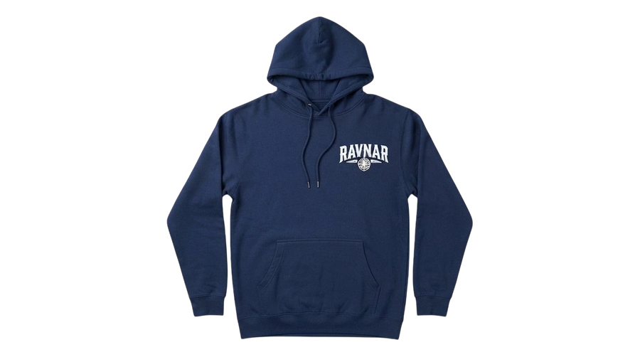 Ravnar navy blue heavyweight cotton hoodie with white chest logo and drawstring hood