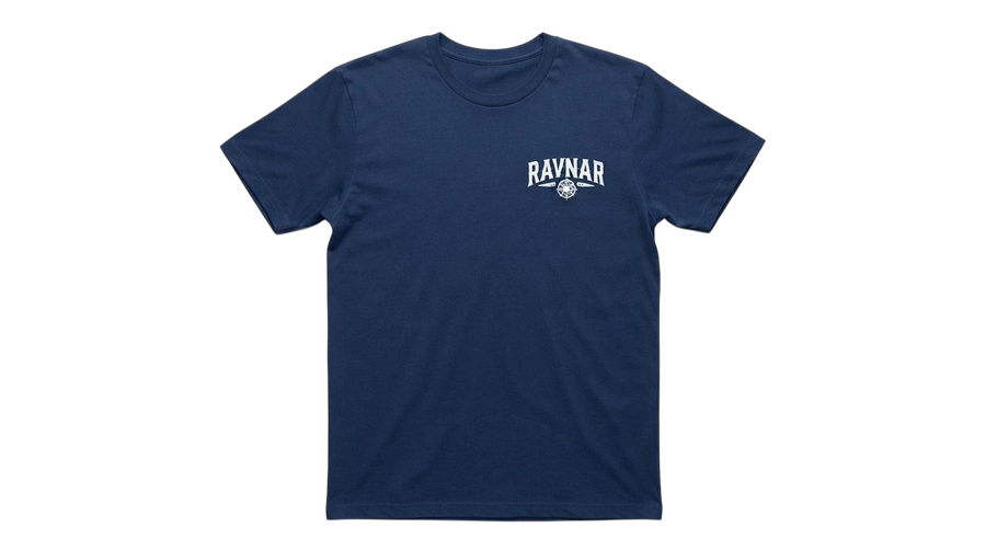 Ravnar navy blue heavyweight cotton t-shirt with white chest logo print and structured fit