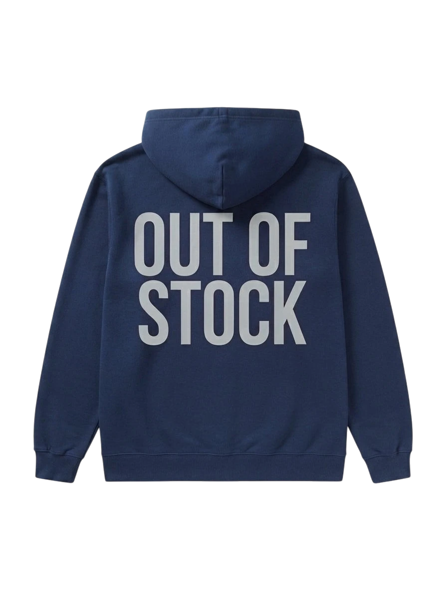 Ravnar navy blue heavyweight hoodie with Out of Stock text printed on the back in a structured streetwear fit