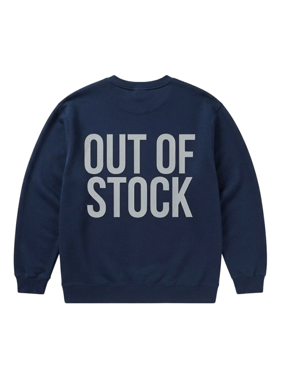Ravnar navy blue heavyweight sweatshirt featuring Out Of Stock text in grey on the back