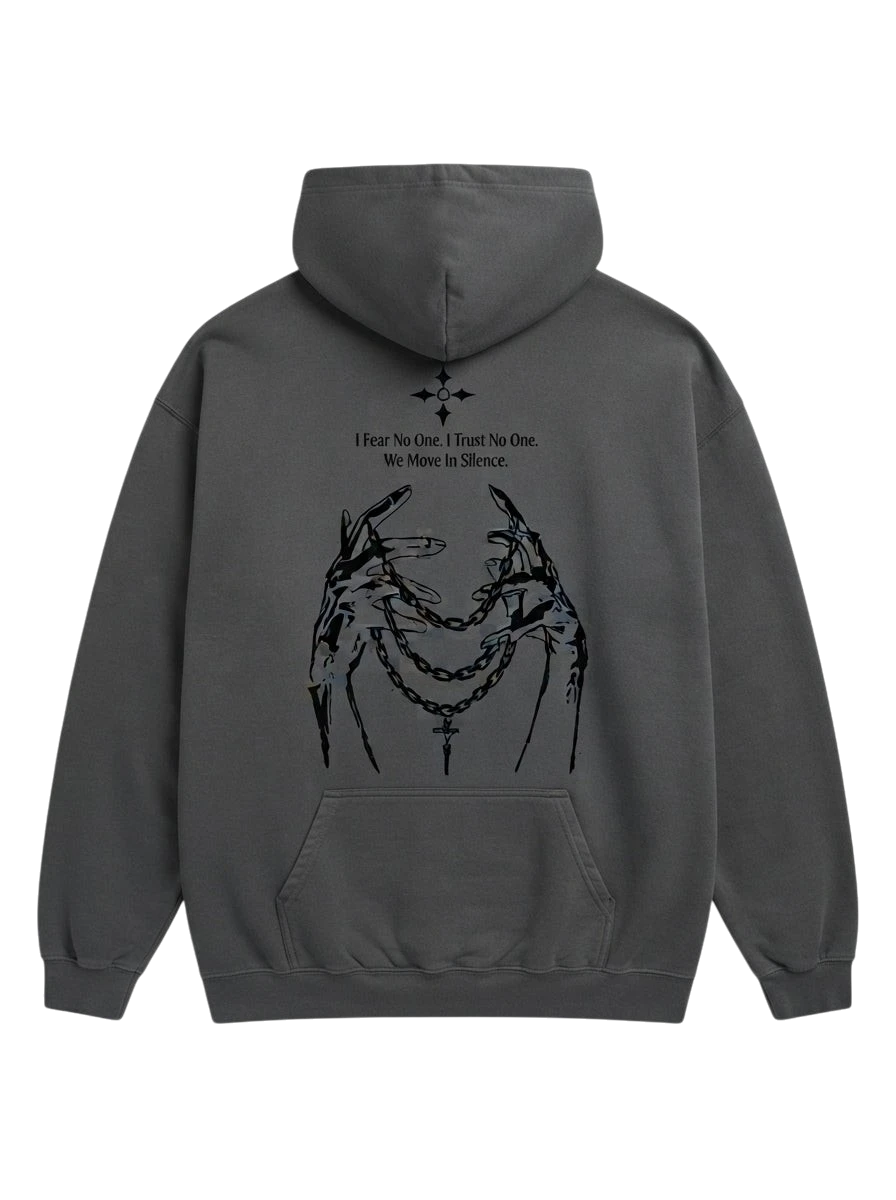 Ravnar NOCRTURNE heavyweight charcoal grey hoodie with back graphic of hands holding chains and gothic text