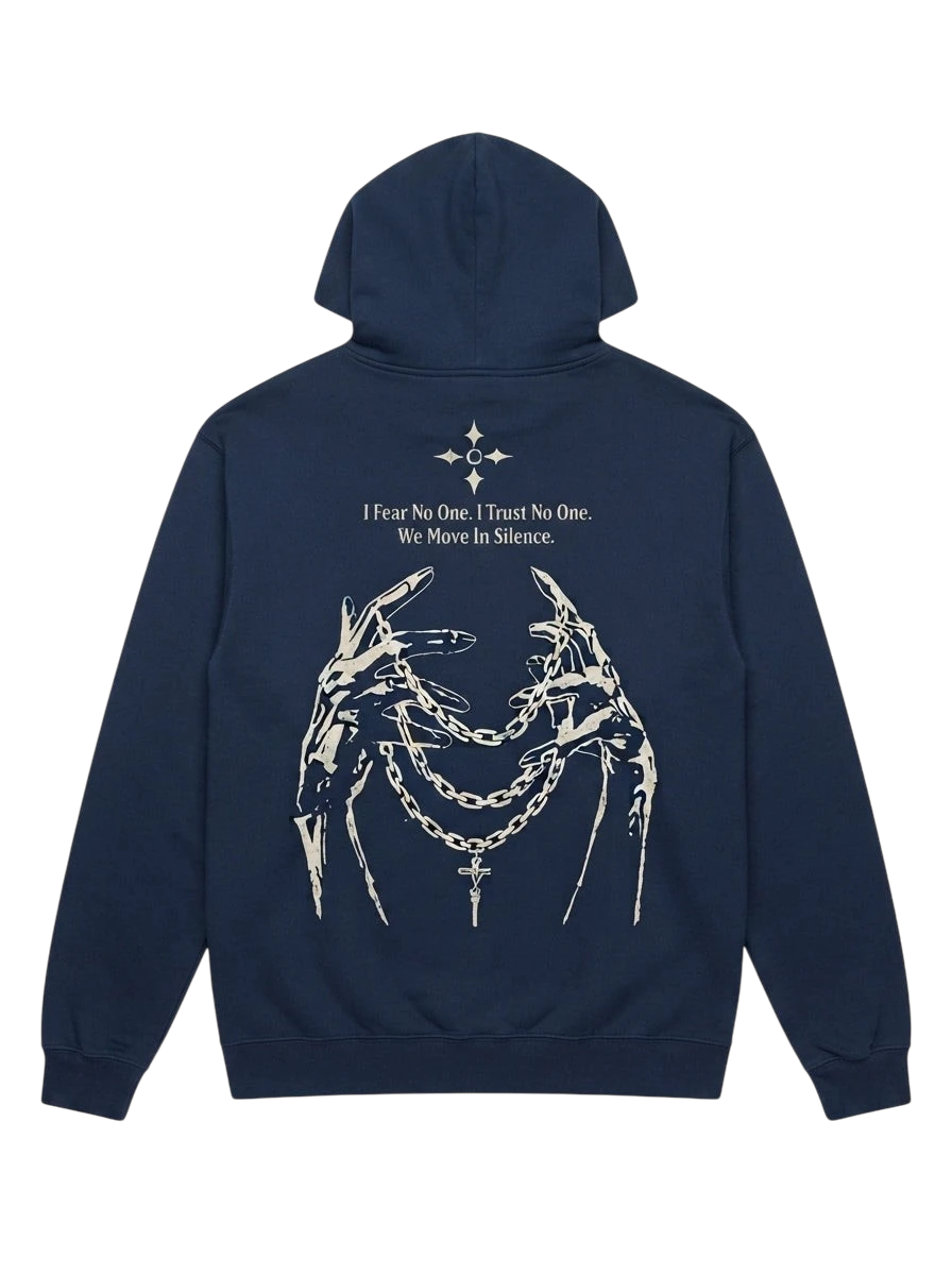 Ravnar NOCRTURNE navy heavyweight hoodie featuring a back graphic of skeleton hands holding chains and text.
