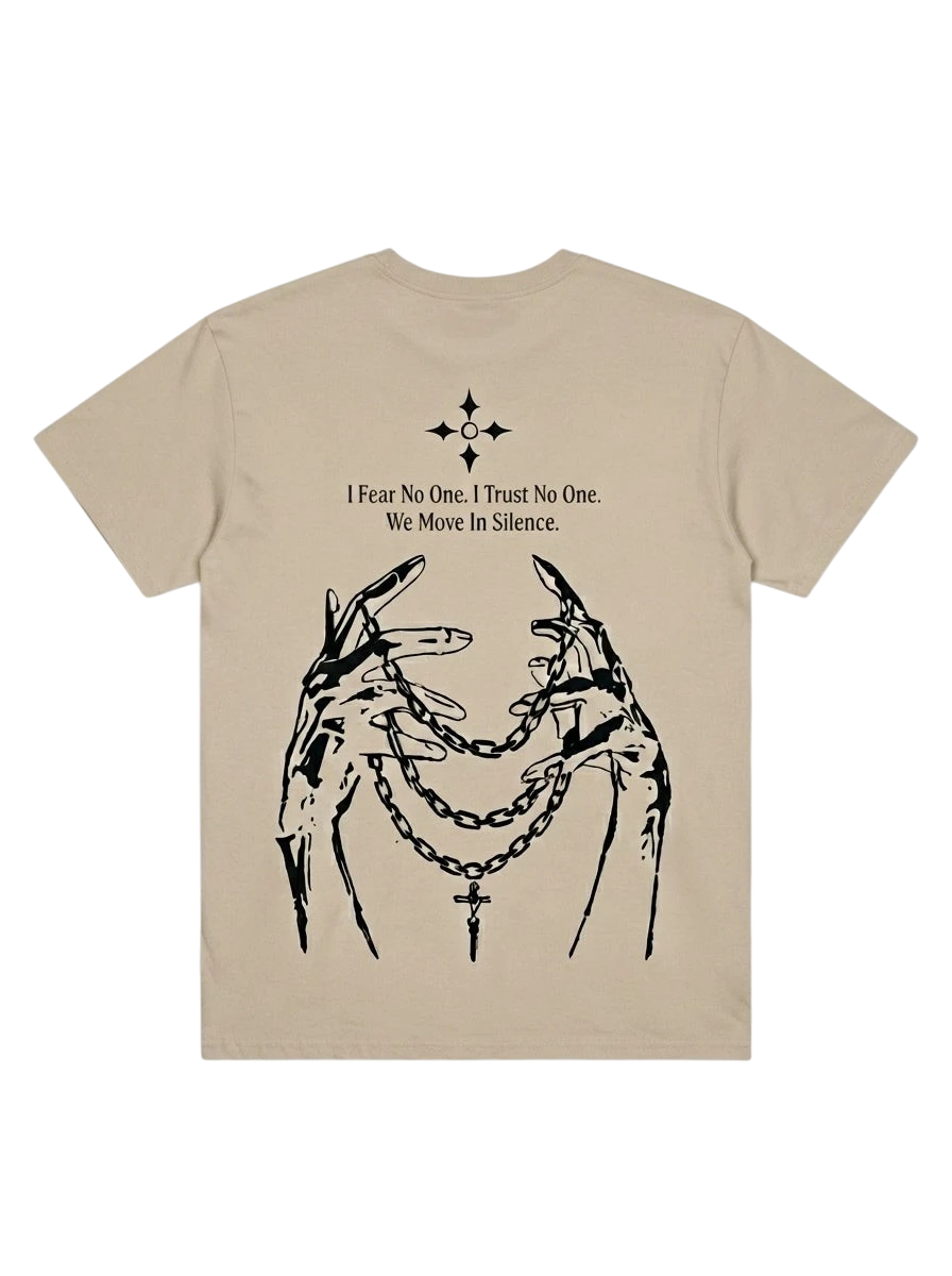 Ravnar Nocturne heavyweight beige t-shirt featuring back graphic of hands holding chains and text in black ink.