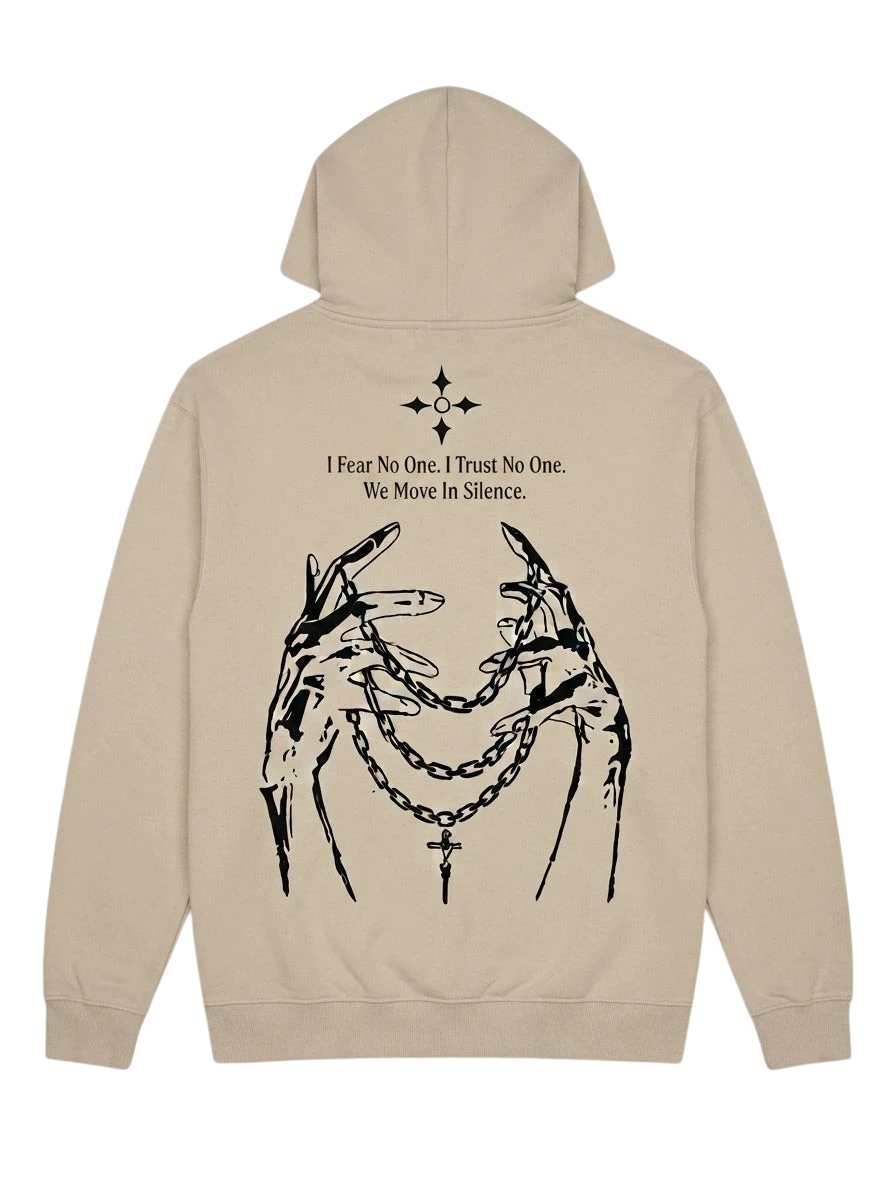 Ravnar NOCRTURNE beige heavyweight hoodie with black graphic print of hands holding chains on the back