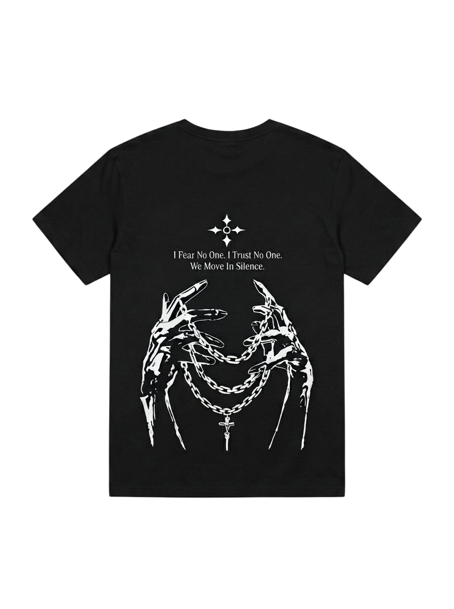 Ravnar Nocturne black heavyweight cotton t-shirt with white graphic print of hands, chains, and text on the back.
