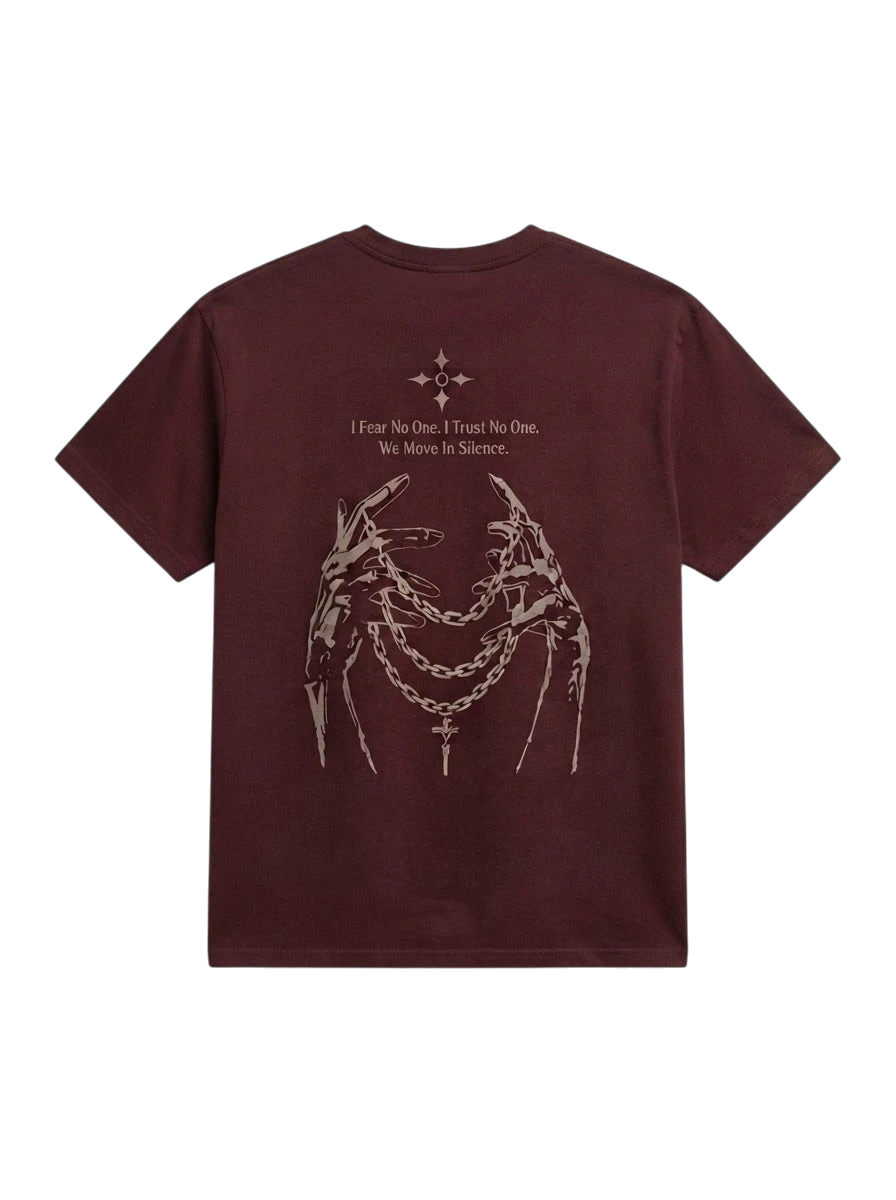 Ravnar Nocturne heavyweight burgundy t-shirt featuring a graphic print of hands holding chains on the back