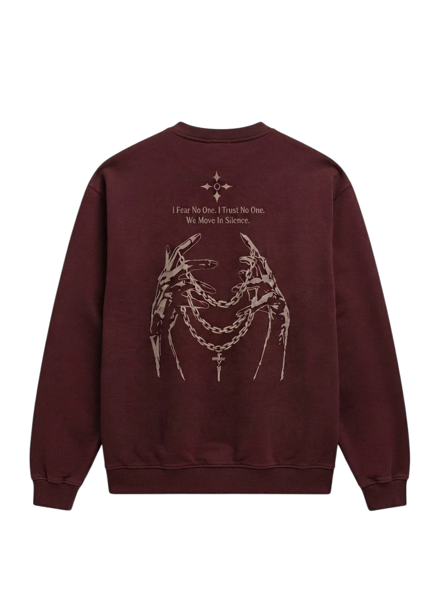 Ravnar NOCTURNE heavyweight burgundy sweatshirt featuring a graphic print of hands holding chains on the back.