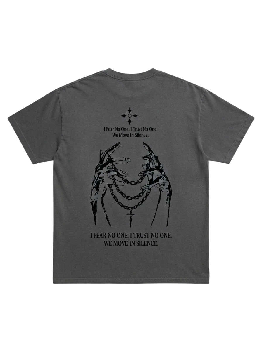 Ravnar Nocturne heavyweight charcoal grey t-shirt with black graphic print of hands and chains on the back