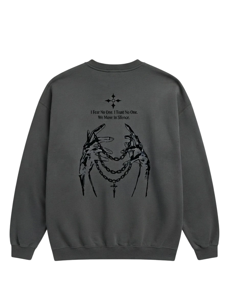 Ravnar NOCTURNE charcoal grey heavyweight sweatshirt with back graphic of hands holding chains and text.