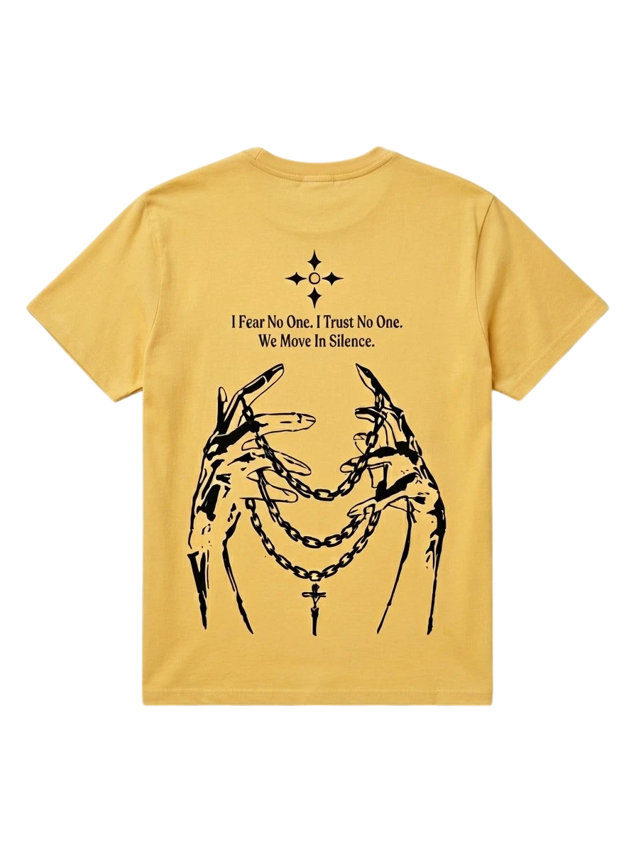 Ravnar Nocturne heavyweight mustard yellow t-shirt featuring a black graphic of hands holding a chain on the back.