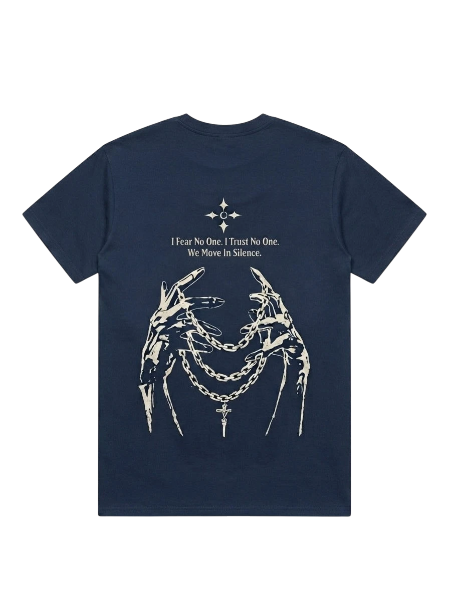 Ravnar Nocturne navy heavyweight cotton t-shirt with back graphic of skeletal hands holding a chain and cross