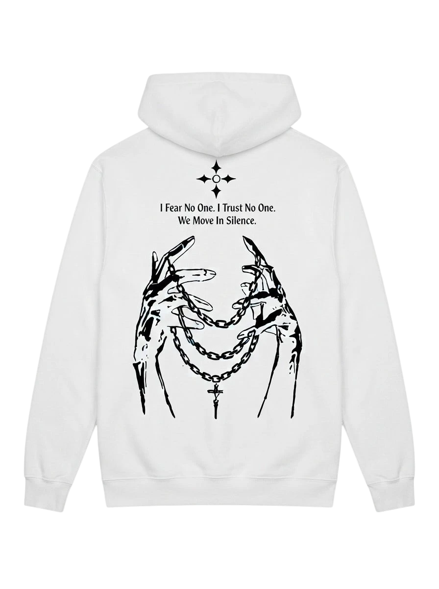 Ravnar NOCRTURNE white heavyweight hoodie with black graphic print of hands holding chains on the back