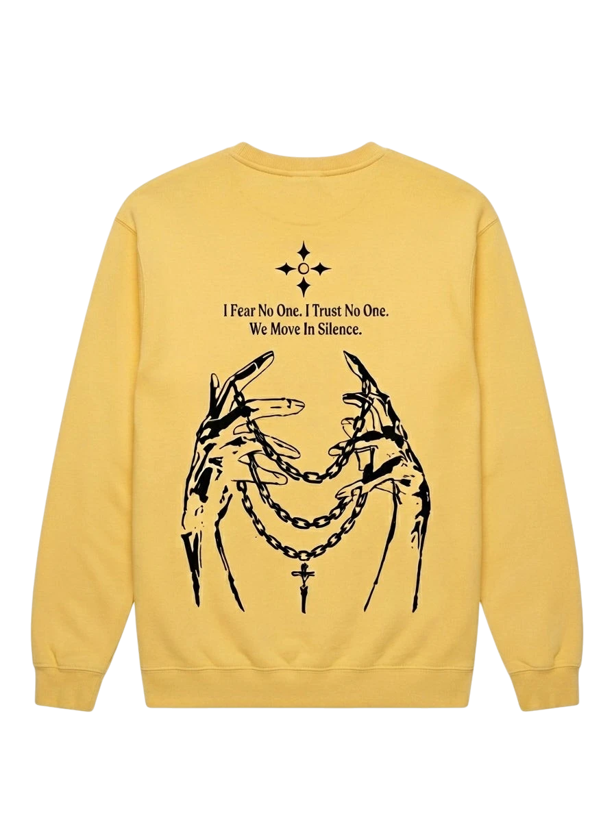 Ravnar NOCTURNE yellow heavyweight sweatshirt with black graphic print of hands holding a chain on the back