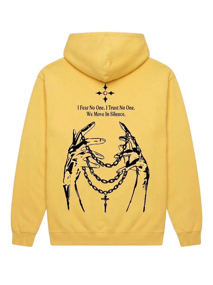 Ravnar NOCRTURNE yellow heavyweight hoodie with black graphic print of skeletal hands and chains on the back