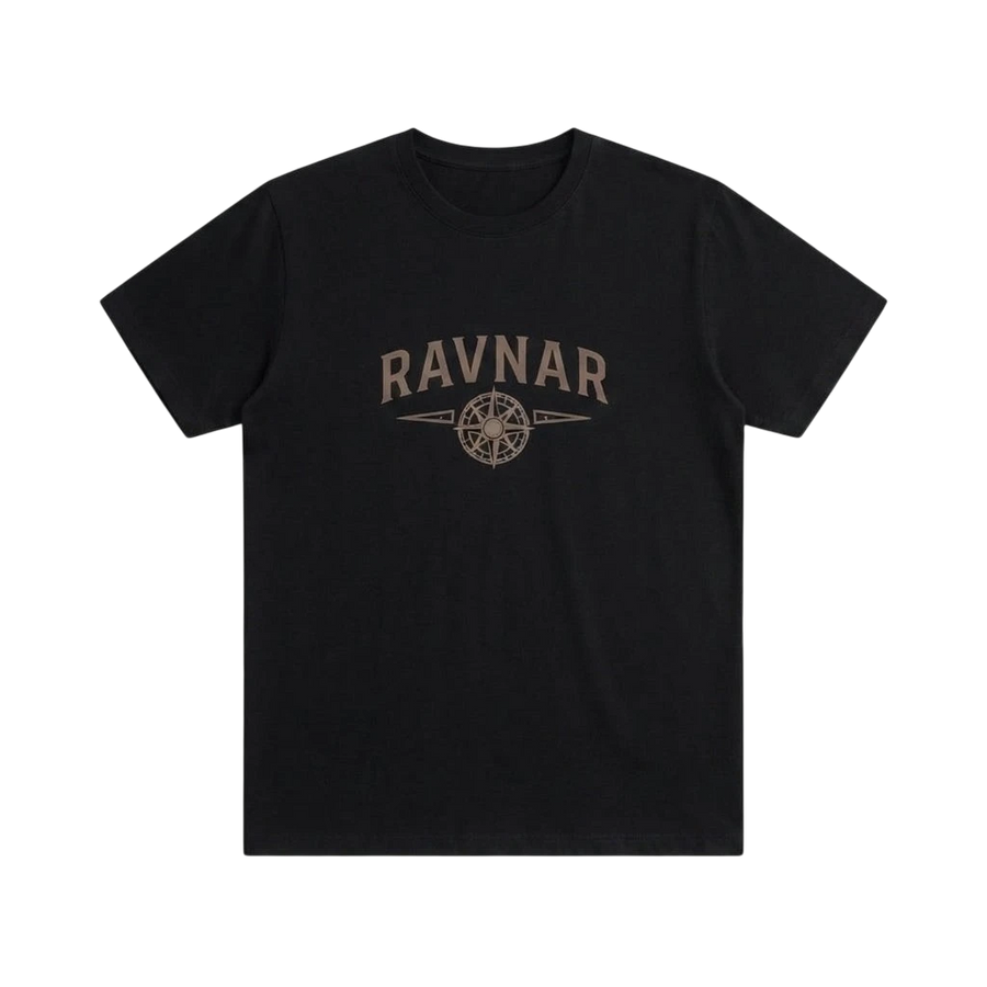 Ravnar Northstar black heavyweight cotton t-shirt with a brown compass logo graphic on the chest.