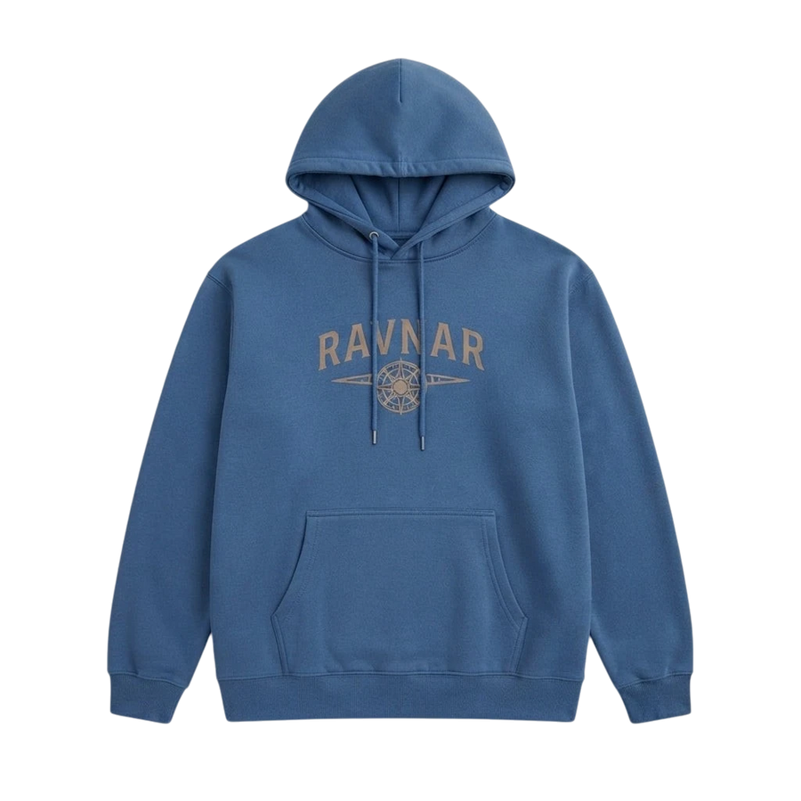 Ravnar NORTHSTAR blue heavyweight cotton hoodie with a front compass logo graphic and drawstring hood