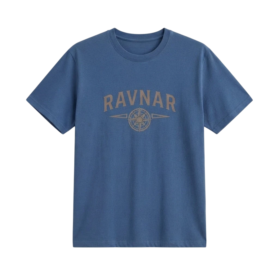 Ravnar Northstar blue heavyweight cotton t-shirt with a graphic logo print on the chest