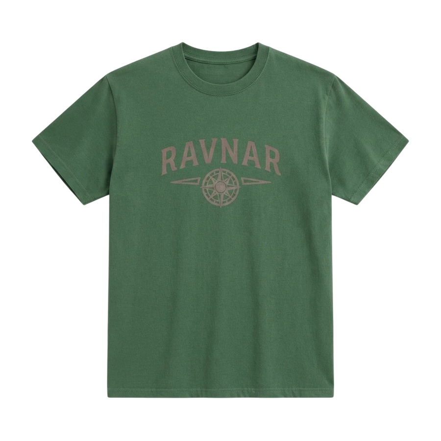 Ravnar Northstar heavyweight green cotton t-shirt with a compass graphic logo on the chest