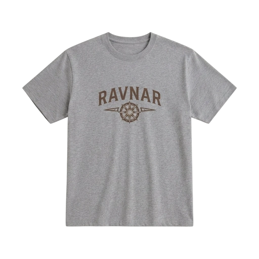 Ravnar Northstar grey heavyweight cotton t-shirt with a brown compass logo graphic on the chest