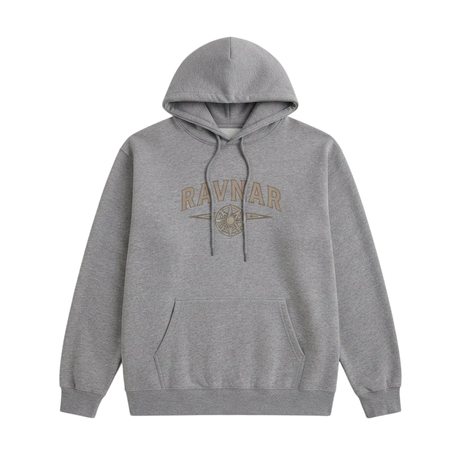 Ravnar NORTHSTAR grey heavyweight cotton hoodie with a front graphic logo and kangaroo pocket