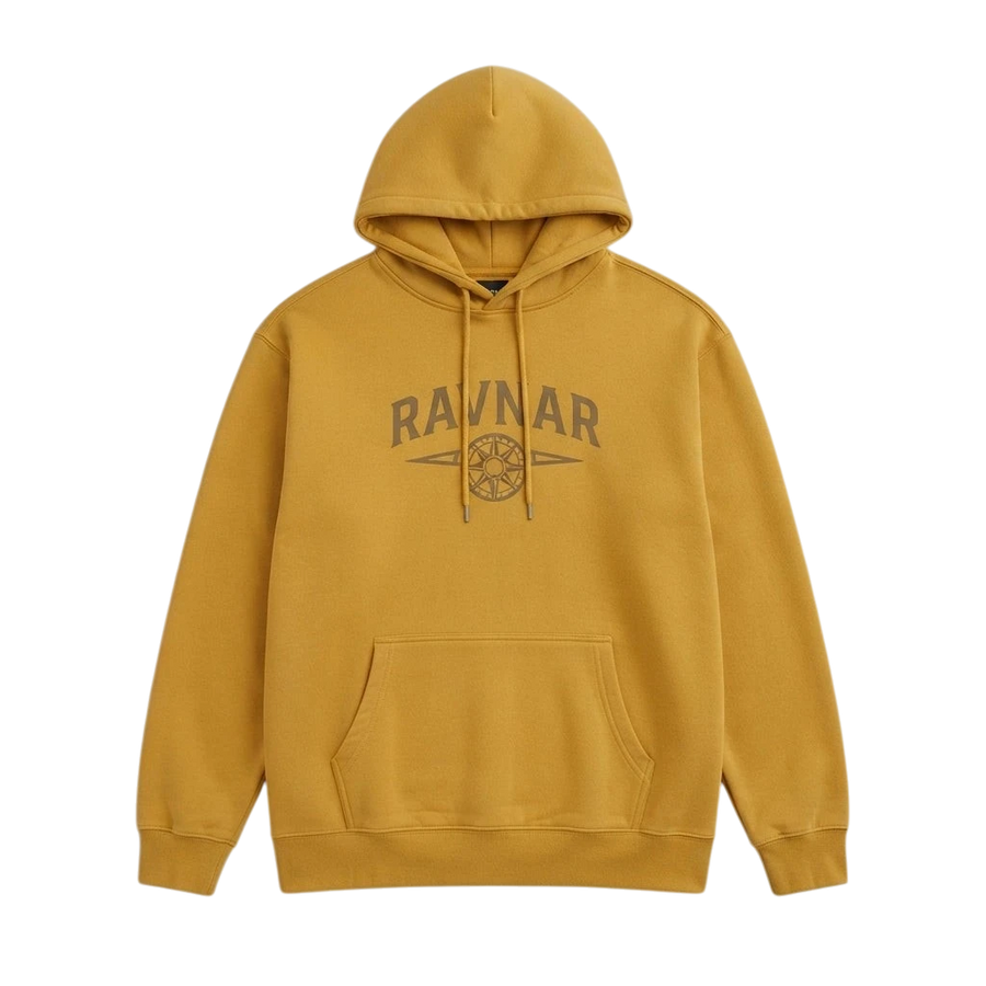 Ravnar NORTHSTAR mustard yellow heavyweight cotton hoodie with a front graphic logo and drawstring hood