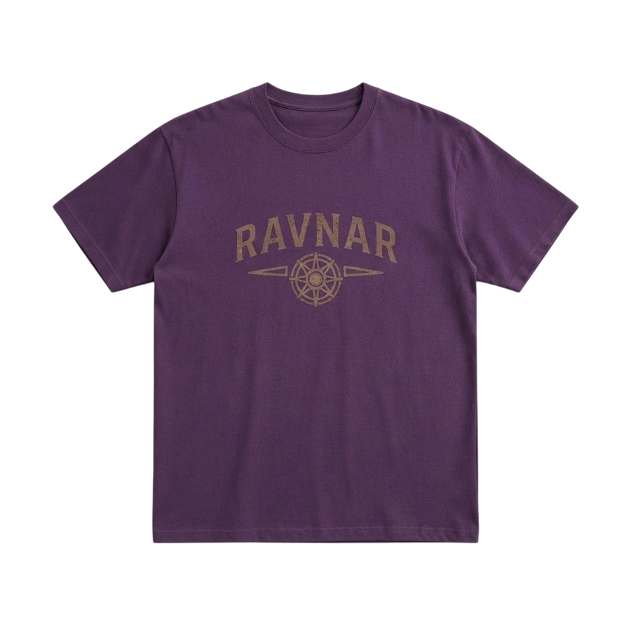 Ravnar Northstar heavyweight purple cotton t-shirt with a vintage-style graphic print on the chest.
