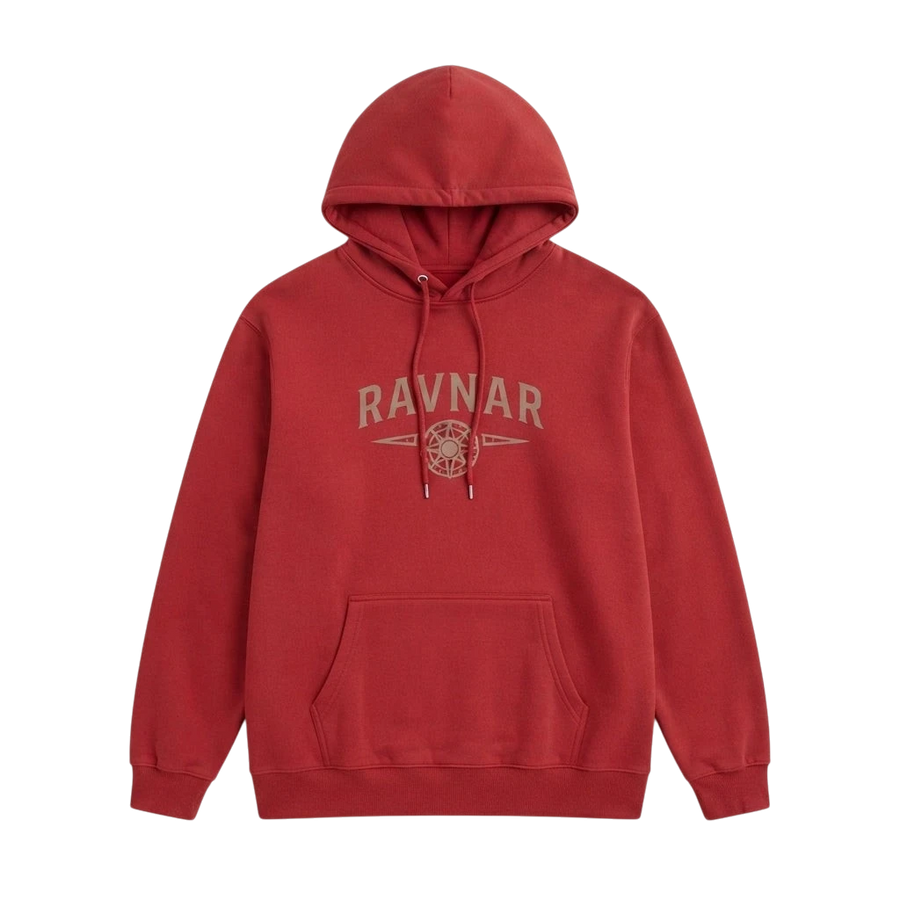 Ravnar NORTHSTAR hoodie in deep red heavyweight cotton with a front graphic logo and drawstring hood