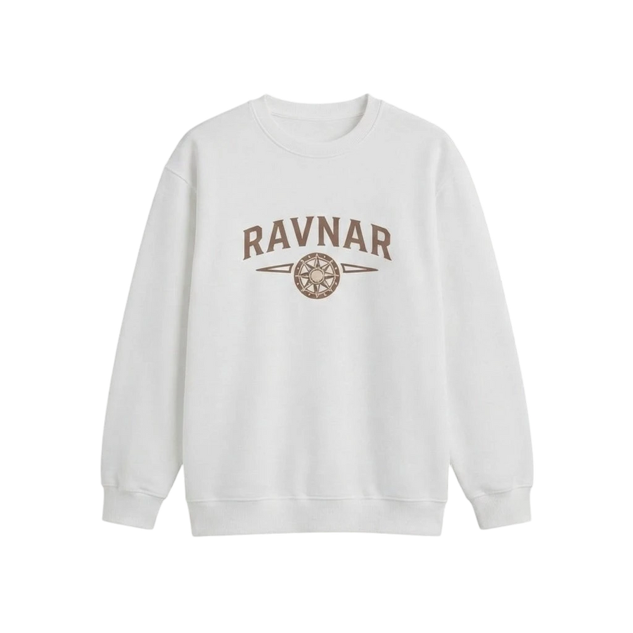 Ravnar NorthStar white heavyweight cotton sweatshirt with brown compass logo graphic on the chest.