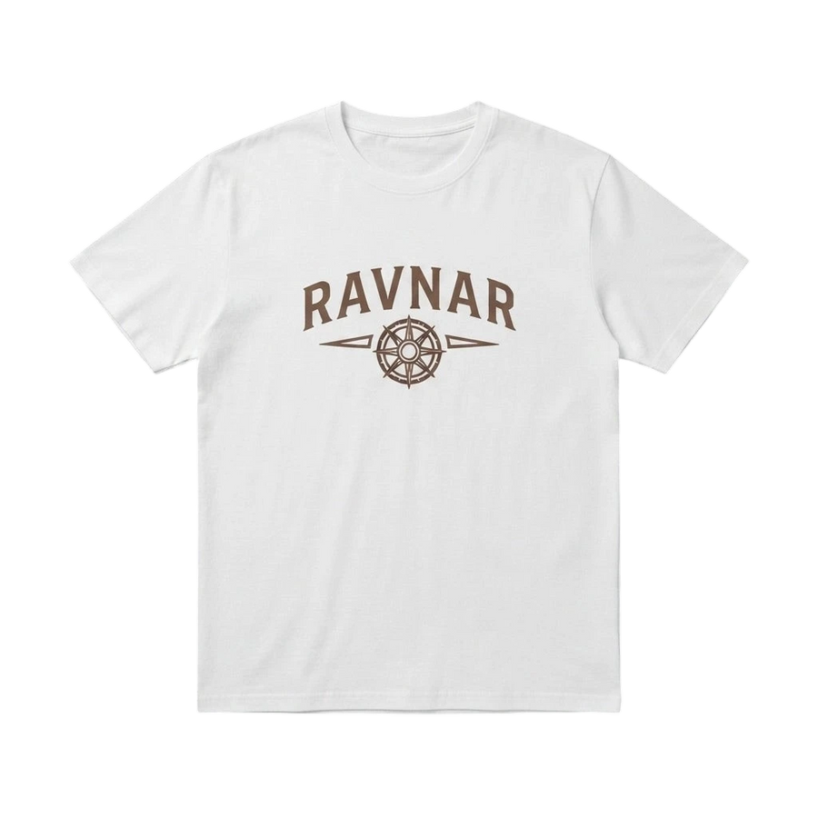 Ravnar Northstar white heavyweight cotton t-shirt with brown compass logo graphic on the chest