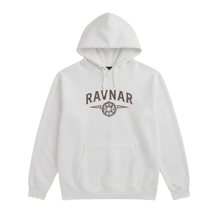 Ravnar NORTHSTAR white heavyweight cotton hoodie with a brown compass logo graphic on the chest.