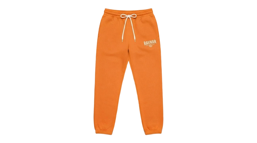 Ravnar orange heavyweight sweatpants with a drawstring waist and embroidered logo on the thigh.