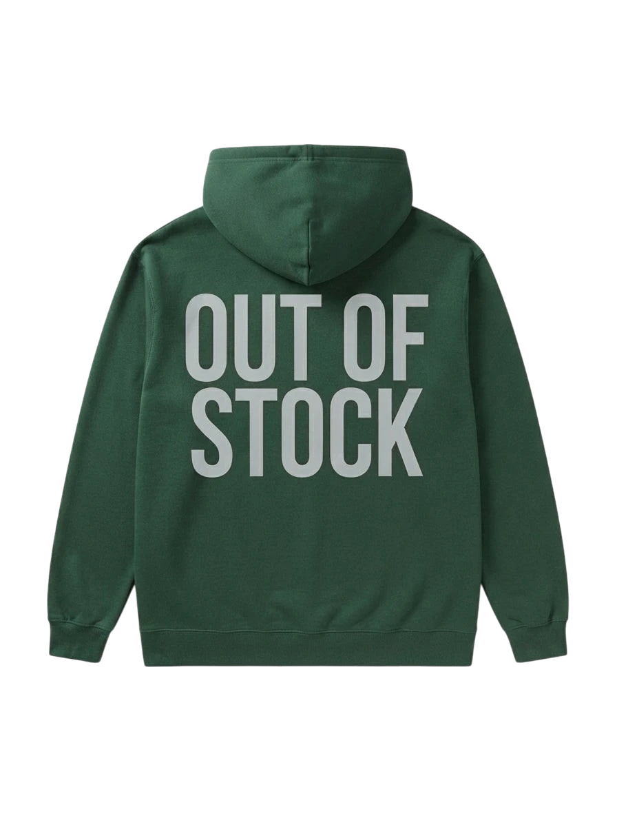 Ravnar Out of Stock hoodie in dark green heavyweight fabric with large grey back print
