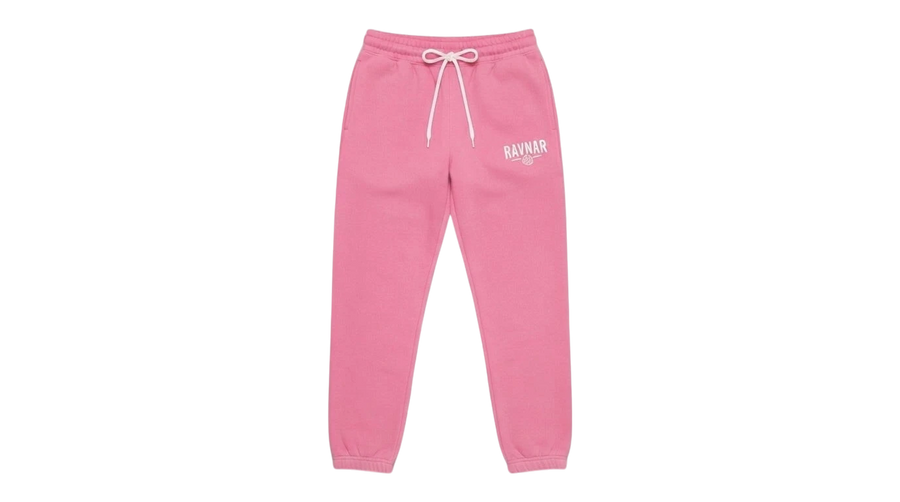 Ravnar pink heavyweight sweatpants with a white drawstring and logo on a grey background.