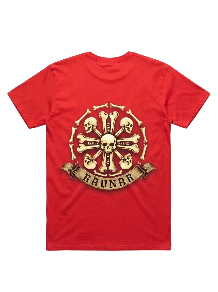 Ravnar Crown of Bone red heavyweight t-shirt featuring a detailed skull and bone graphic on the back