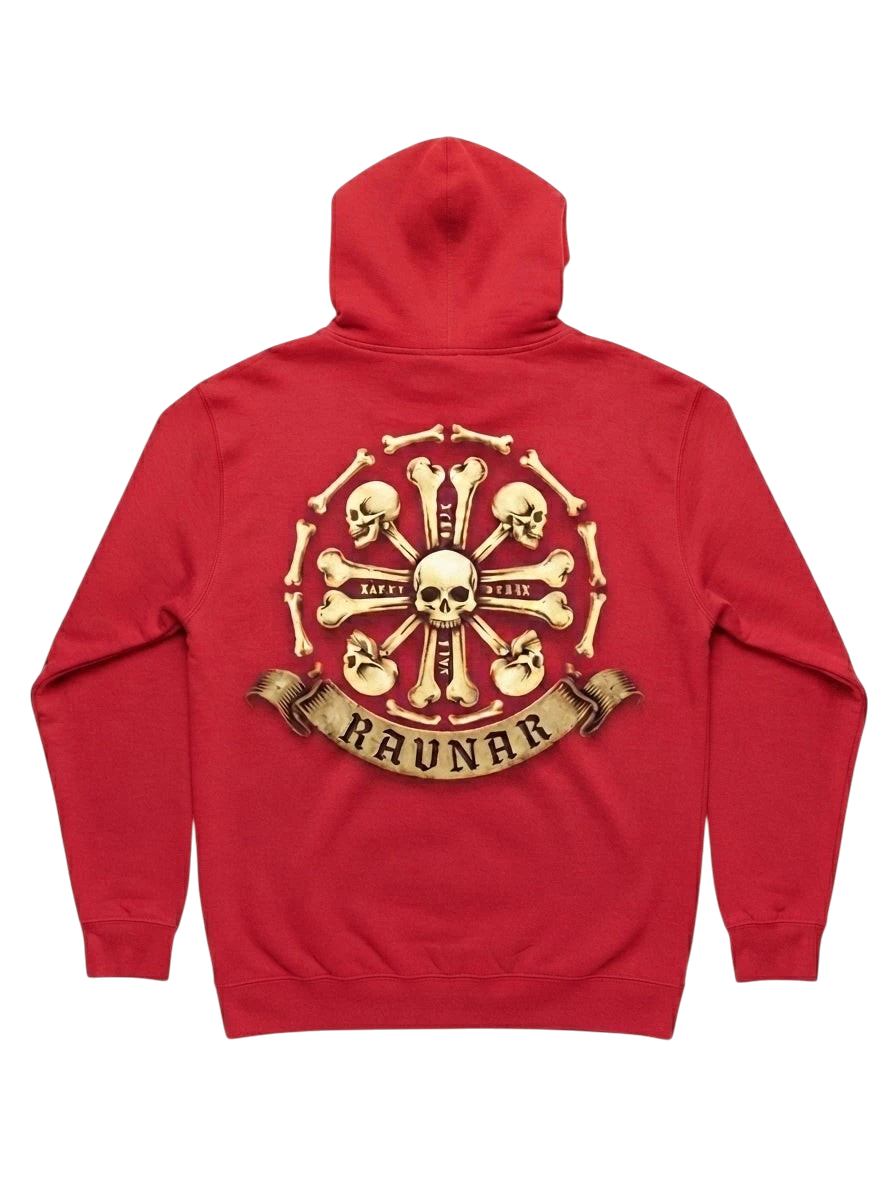 Ravnar Crown of Bones hoodie in red with a detailed skull and bone graphic on the back and a branded ribbon banner.