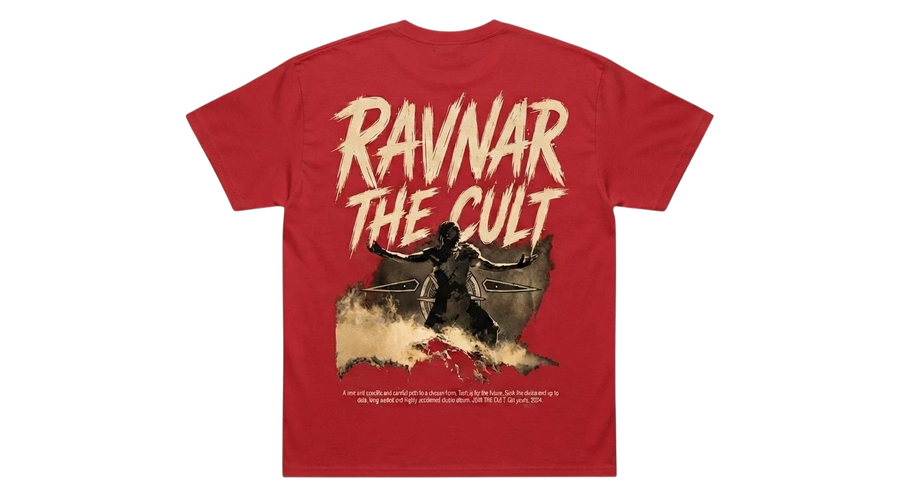 Ravnar The Cult red heavyweight cotton t-shirt featuring a graphic print on the back with distressed text